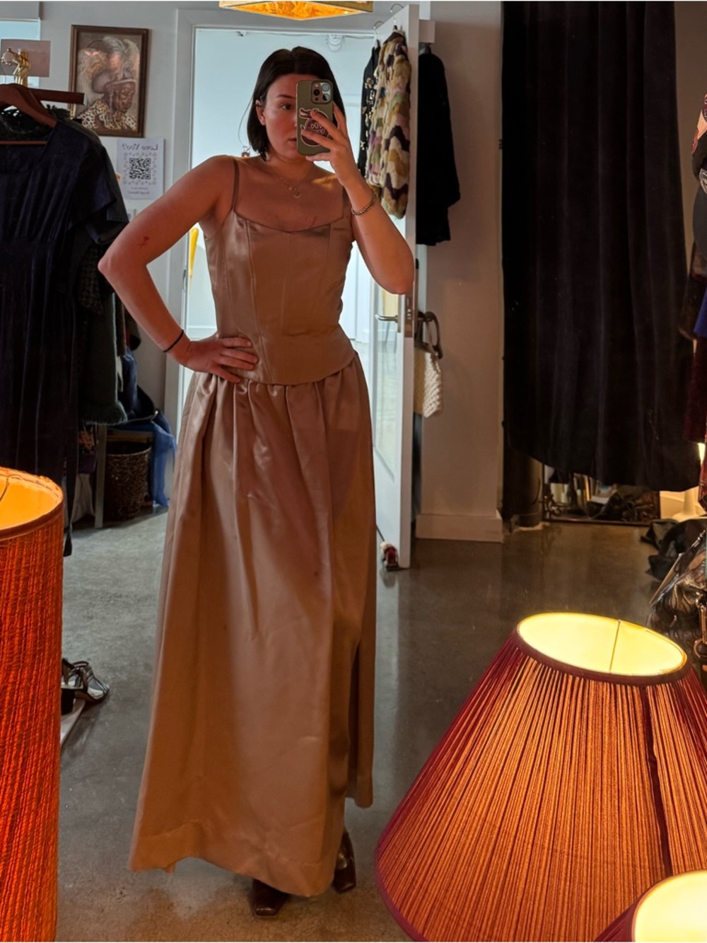 True Vintage Satin Taupe Maxi Dress